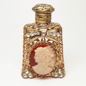 Vintage Czech Fragrance Perfume Oil Empty Glass Bottle Cameo Filigree Rhinestone